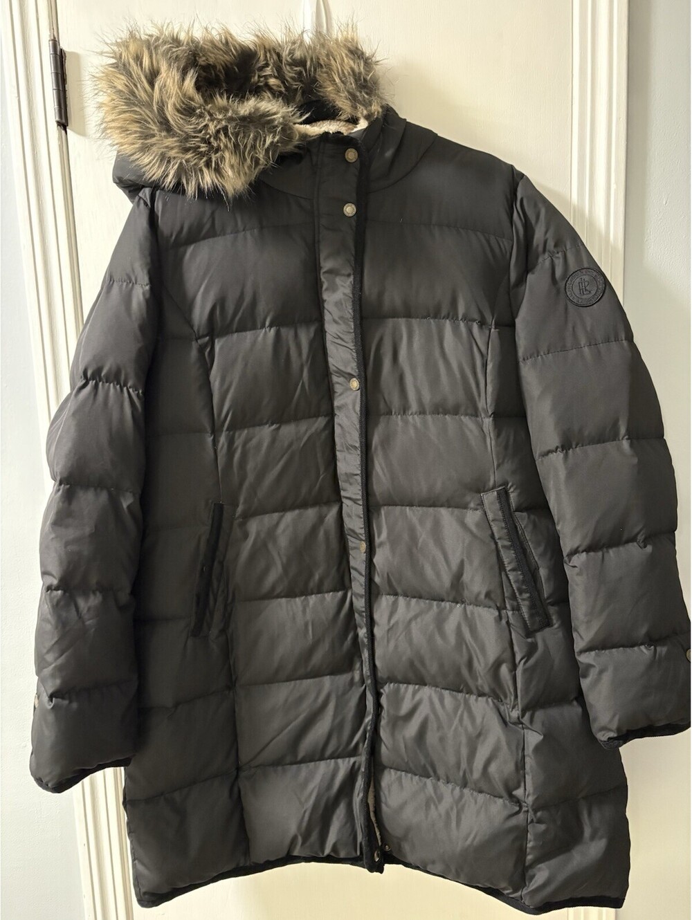 Lauren Ralph Lauren Women's Black Down Puffer Jacket Faux Fur Hood Size L